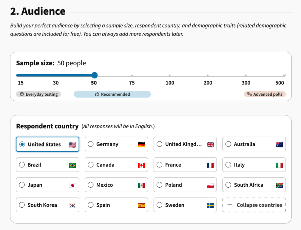 Audience sample size and country targeting options in PickFu
